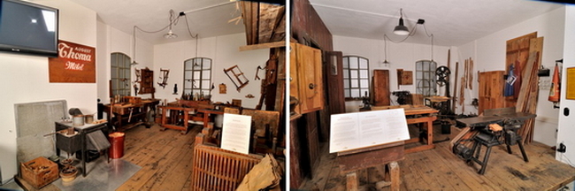Historische Werkstatt mit Bank und Maschinenraum