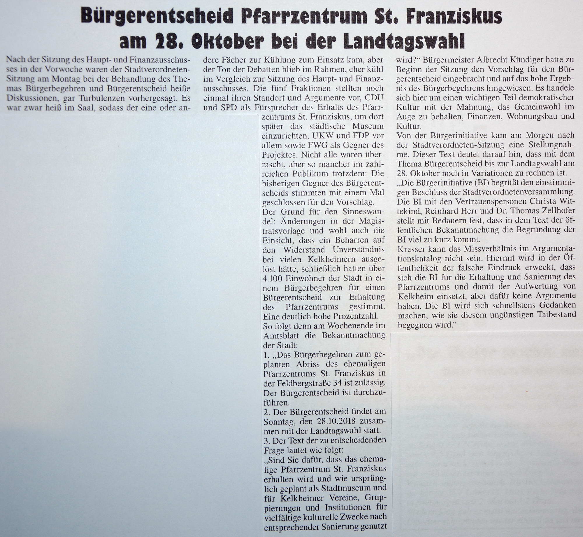 2018.06.07 KeZ Bürgerentscheid Pfarrzentrum St. Franziskus am 28. Oktober bei der Landtagswahl