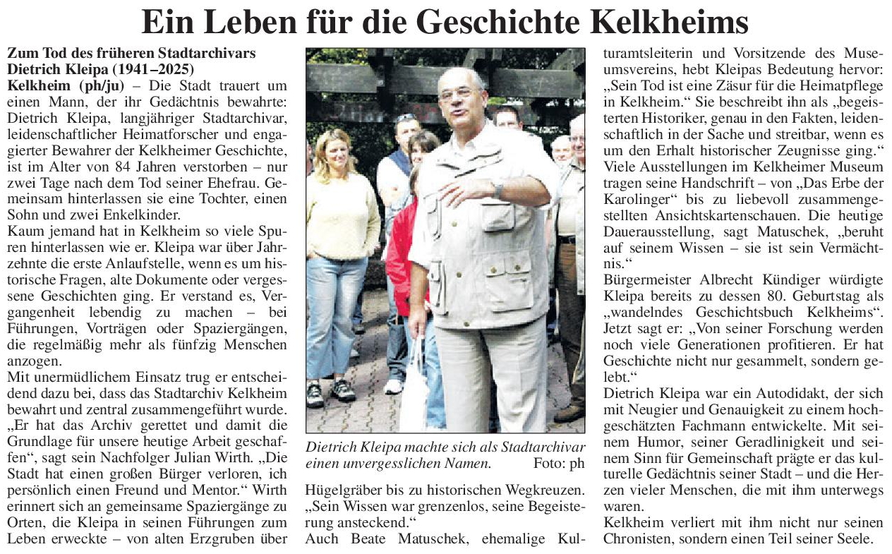 2025.10.24 KeZ Ein Leben für die Geschichte Kelkheims Dietrich Kleipa verstorben